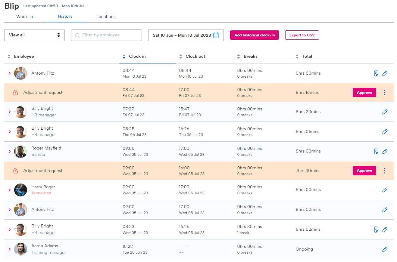 Adjustment requests in the history section on BrightHR.