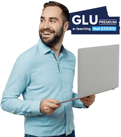 Health and safety e-learning online Person smiling holding a laptop. To their left is a graphic that reads GLU Premium: e-Learning that sticks.