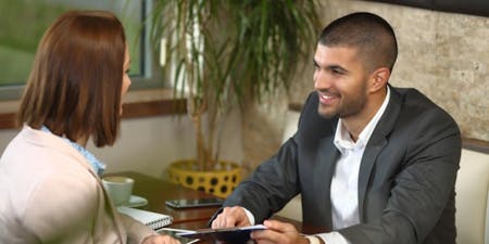 One to one meeting template Employee and manager asking questions during a one to one meeting