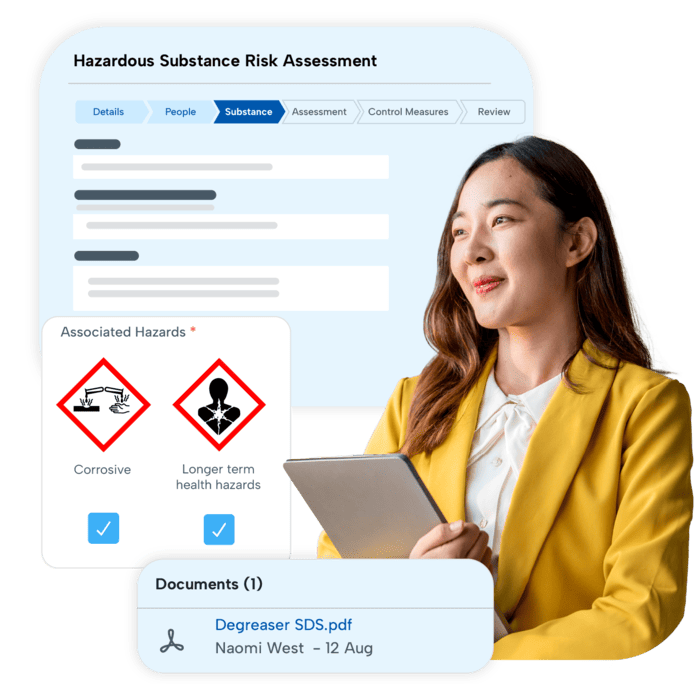 Woman on tablet using BrightSafe's Hazardous Substance Risk Assessment tool.