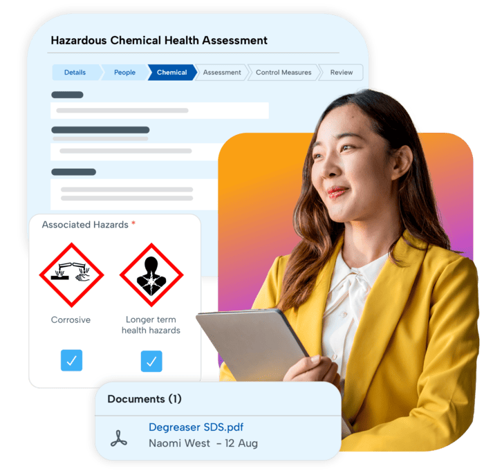 Woman on tablet using BrightSafe's Hazardous Chemical Health Assessment tool.