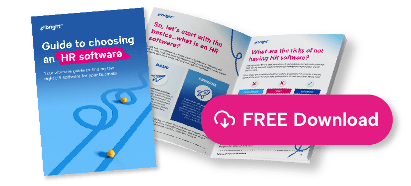 The image displays a guide, with one view of the front cover and another of the guide open, revealing their contents. The guide is titled 'Guide to choosing HR software'.