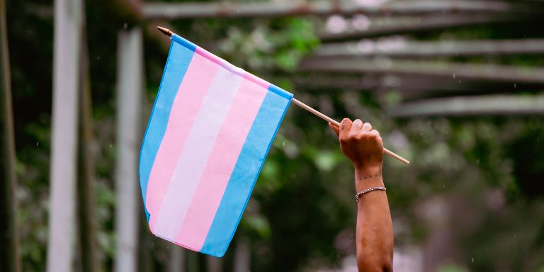 A person raising the transgender flag