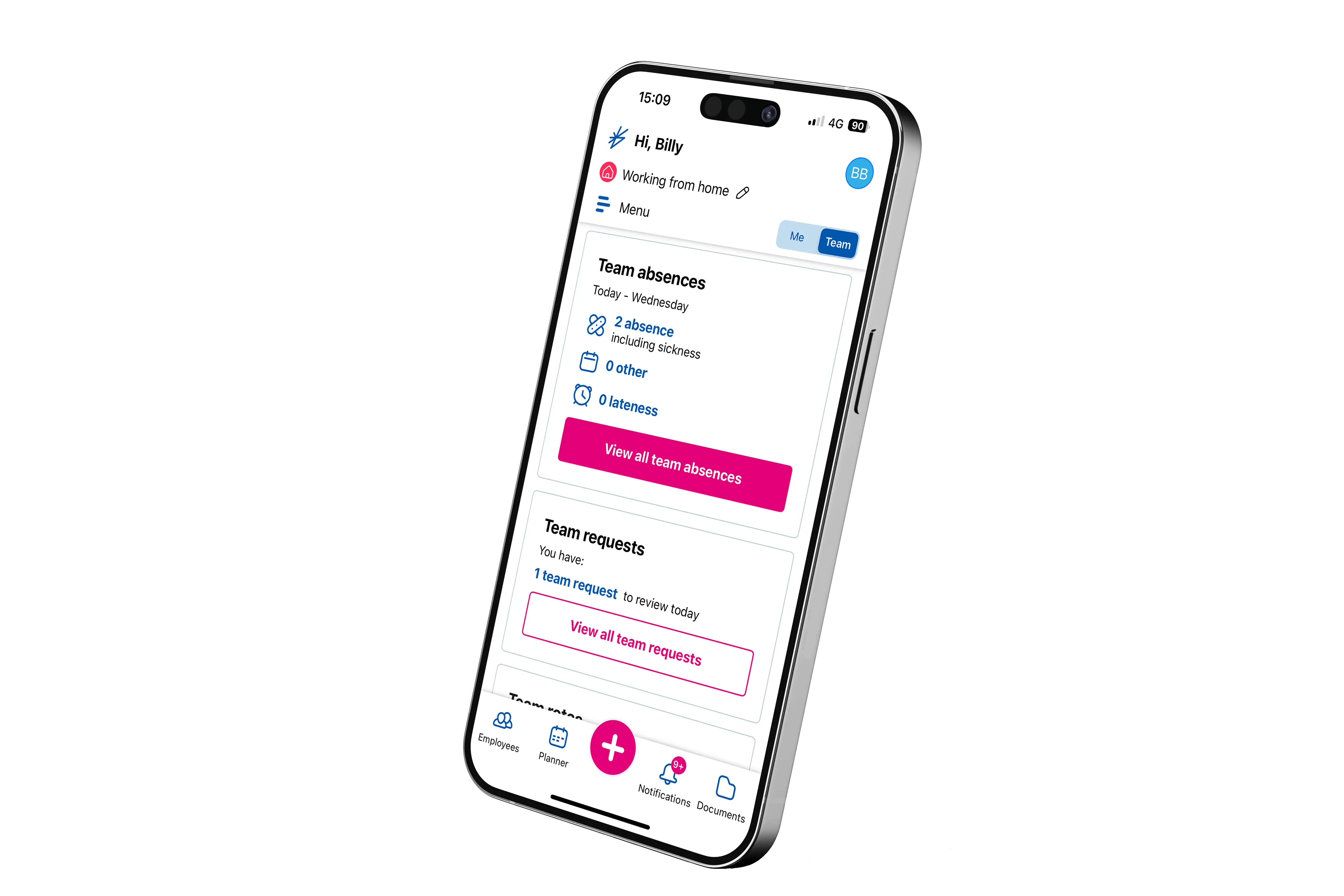 Mobile phone displaying BrightHR interface