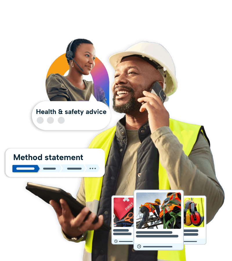 A man wearing a hard hat and a yellow vest is talking on his phone, while a woman in a green shirt and headphones is also talking on her phone.