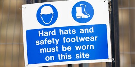 Mandatory health and safety signs Blue and white safety signs signalling mandatory use of PPE for entrance onto site