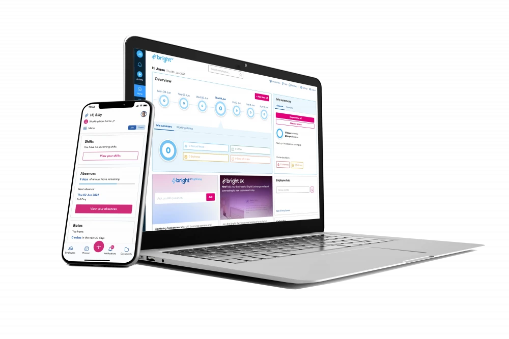 BrightHR software interface on laptop and phone
