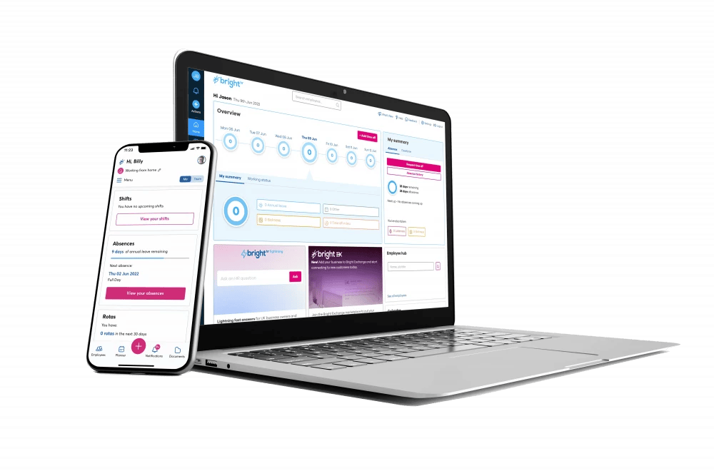 BrightHR software interface on laptop and phone