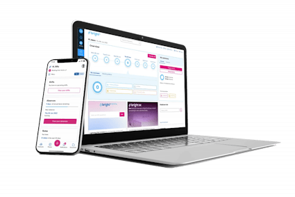 BrightHR software interface on laptop and phone