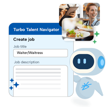 A woman is holding a tablet and looking at a photo of a meal. There are two cartoon characters, one with a blue star and the other with a white star, both smiling.