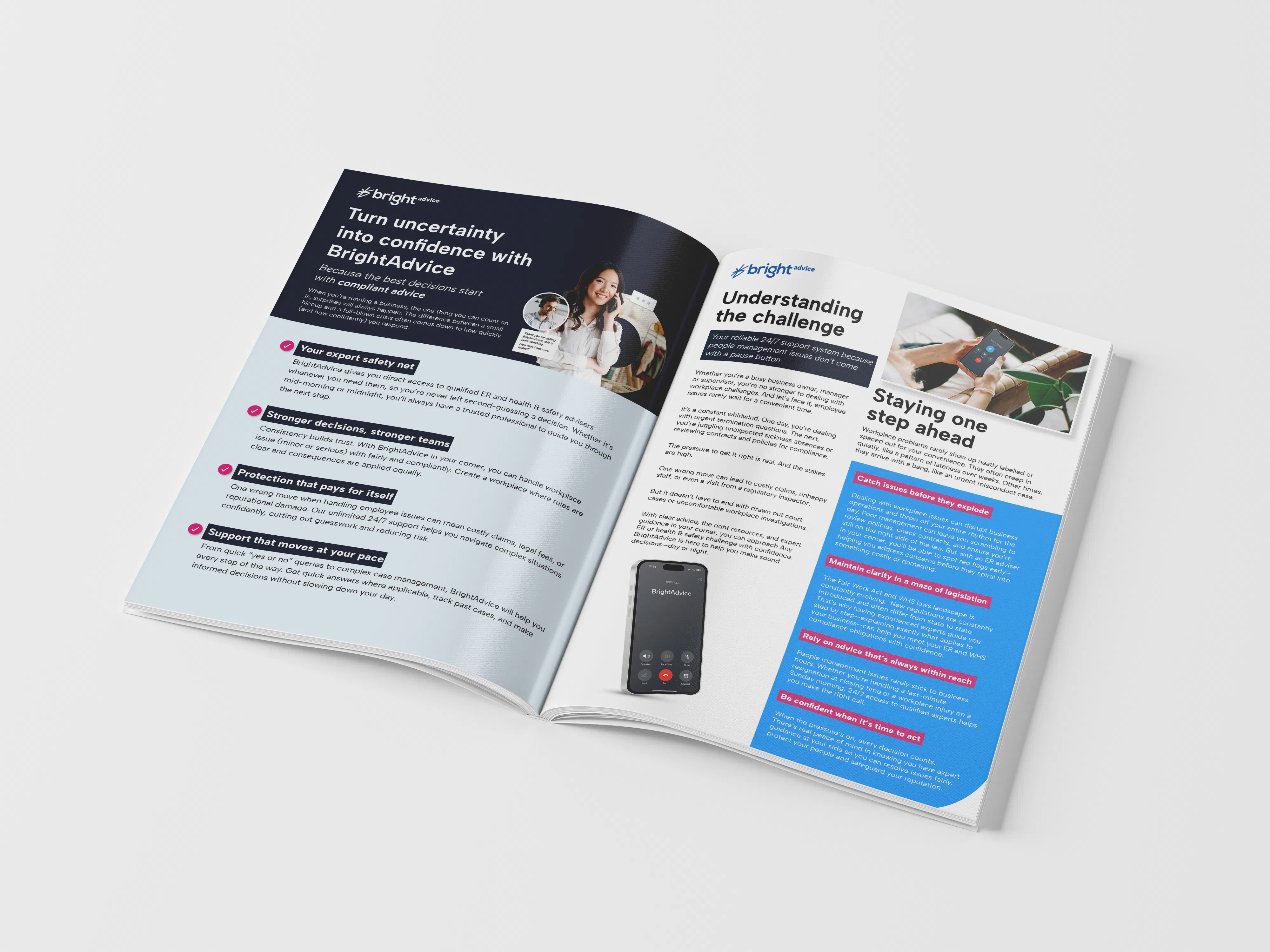 An open guide displaying the contents of BrightHR's employment relations advice guide