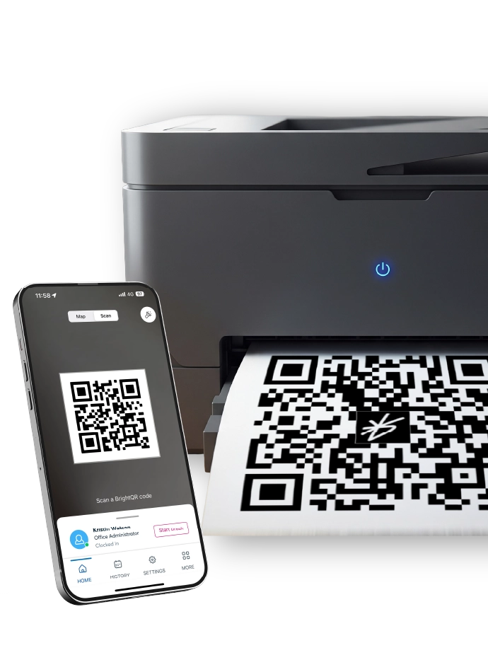 A gray Canon printer is positioned on the left side of the image, with its screen displaying a QR code. To the right of the printer, a black iPhone with a white screen is displayed, showing a blue Apple logo. The iPhone's screen is turned on, displaying a QR code. The background is a stark white, contrasting with the objects in the foreground.