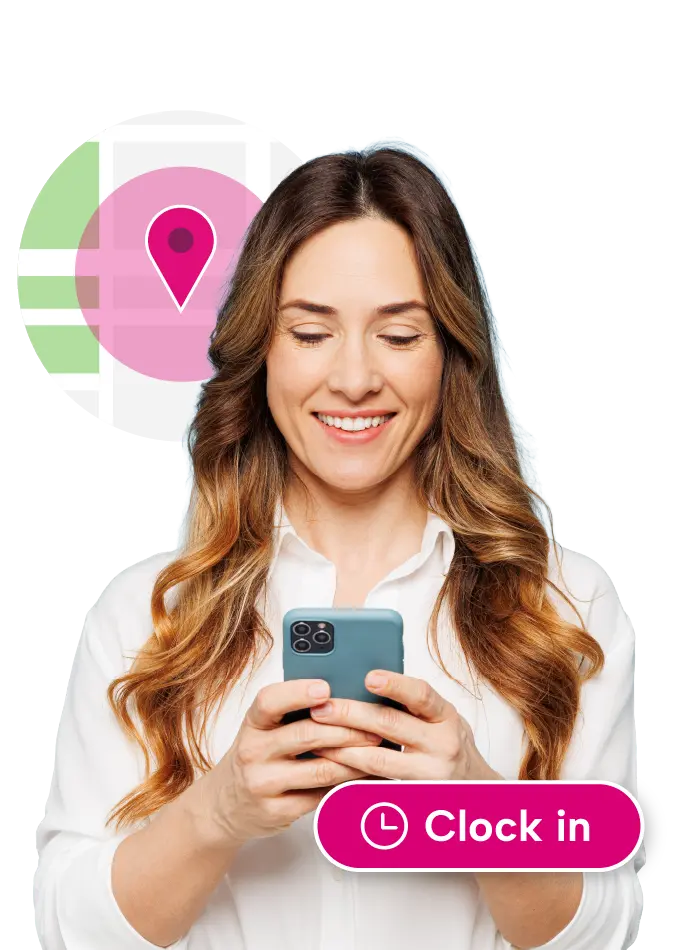 A woman with long brown hair is smiling while holding a blue phone. The background features a cityscape with various colored squares and a pink button. The text "COPIN" is visible in the top right corner.