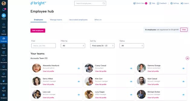The image displays the employee hub of BrightHR. Showing a collection employee profiles including images of employees, their names and job titles.