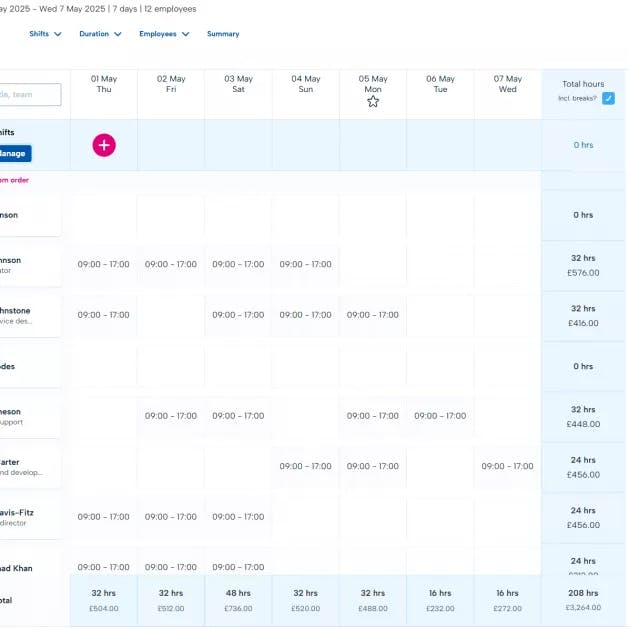 BrightHR's digital rota planner An image of a digital rota planner with employees on one side and total working hours on the other. The rota is a weekly rota with the option to schedule by date and time
