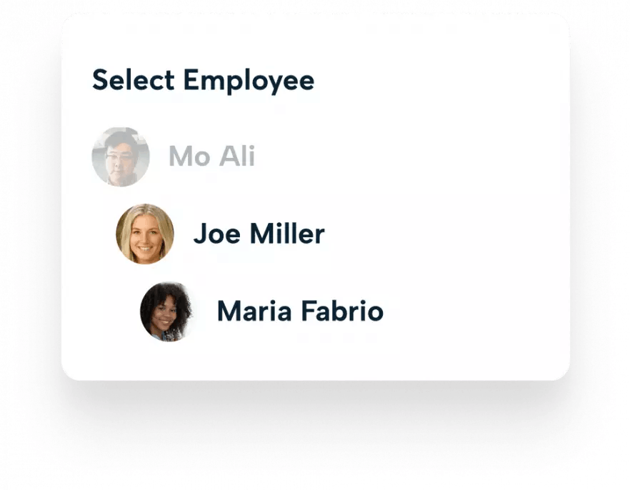 Employee scheduling Image shows the select an employee option within the employee hub of BrightHR's shift and rota software