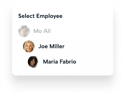 Employee scheduling Image shows the select an employee option within the employee hub of BrightHR's shift and rota software