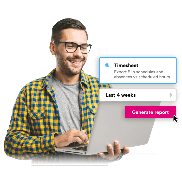 Automated timesheet reporting A man wearing glasses and a yellow plaid shirt is smiling while holding a laptop computer. He is smiling at the camera, and his eyes are closed. The laptop is open and the man is typing on it. The background is white and there are two buttons on the laptop. One button is labeled "Back" and the other is labeled "Forward". The "Back" button is pink and the "Forward" button is black. The man is smiling and typing on the laptop.