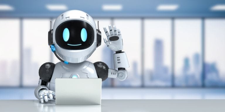 A robot wearing a headset and using a laptop to depict Ai in HR