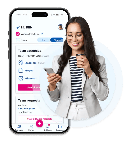Woman happily scrolling through the holiday booking system from BrightHR Woman happily scrolling through the holiday booking system from BrightHR