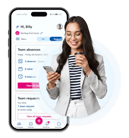 Woman happily scrolling through the holiday booking system from BrightHR