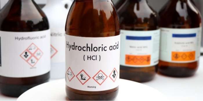 Bottles of hazardous substances with warning labels