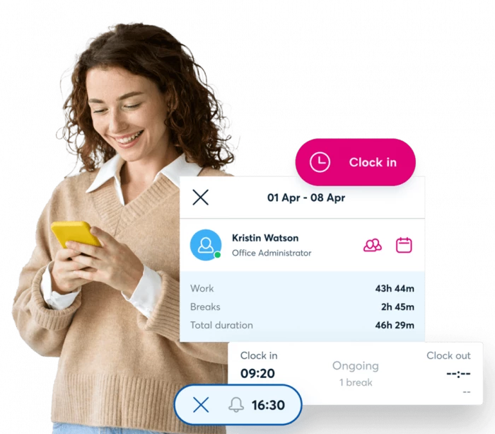 A woman with curly hair is smiling while holding a yellow phone. She is wearing a beige sweater and has a white shirt underneath. The phone screen displays the price of the phone, which is $1.99. The woman is also showing a price of $0.99 for a free app.