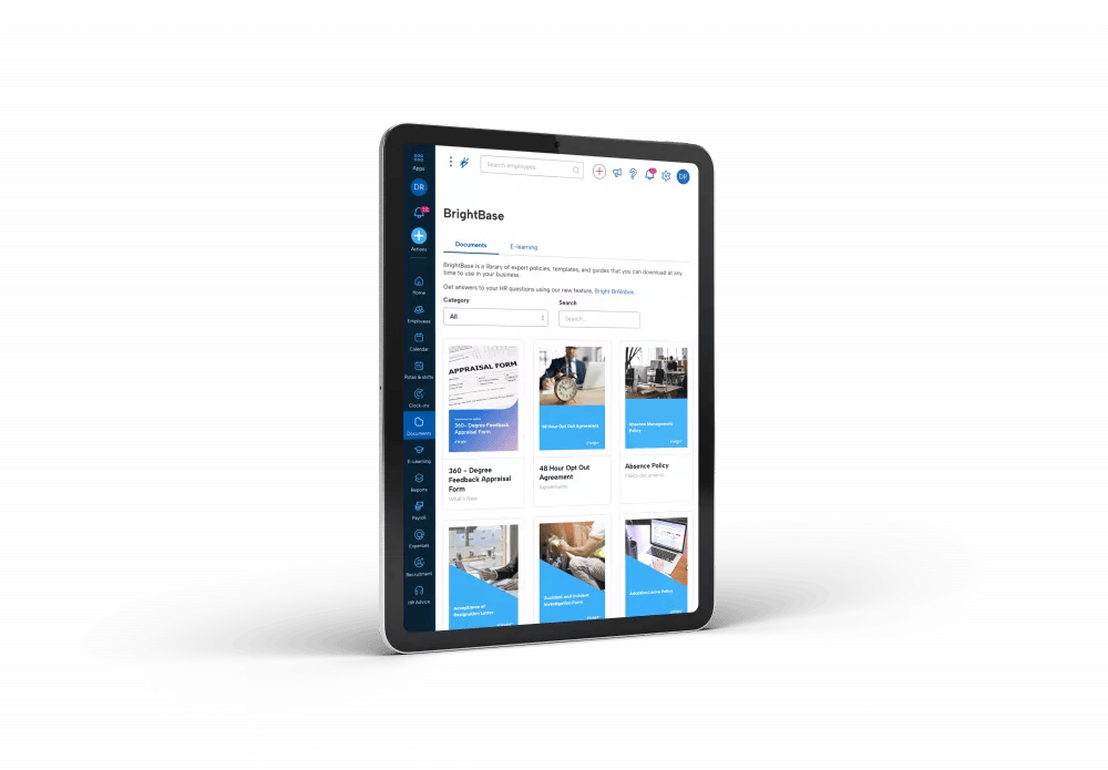 An image of an ipad showing the BrightBase dashboard of BrightHR's cloud-based HR software