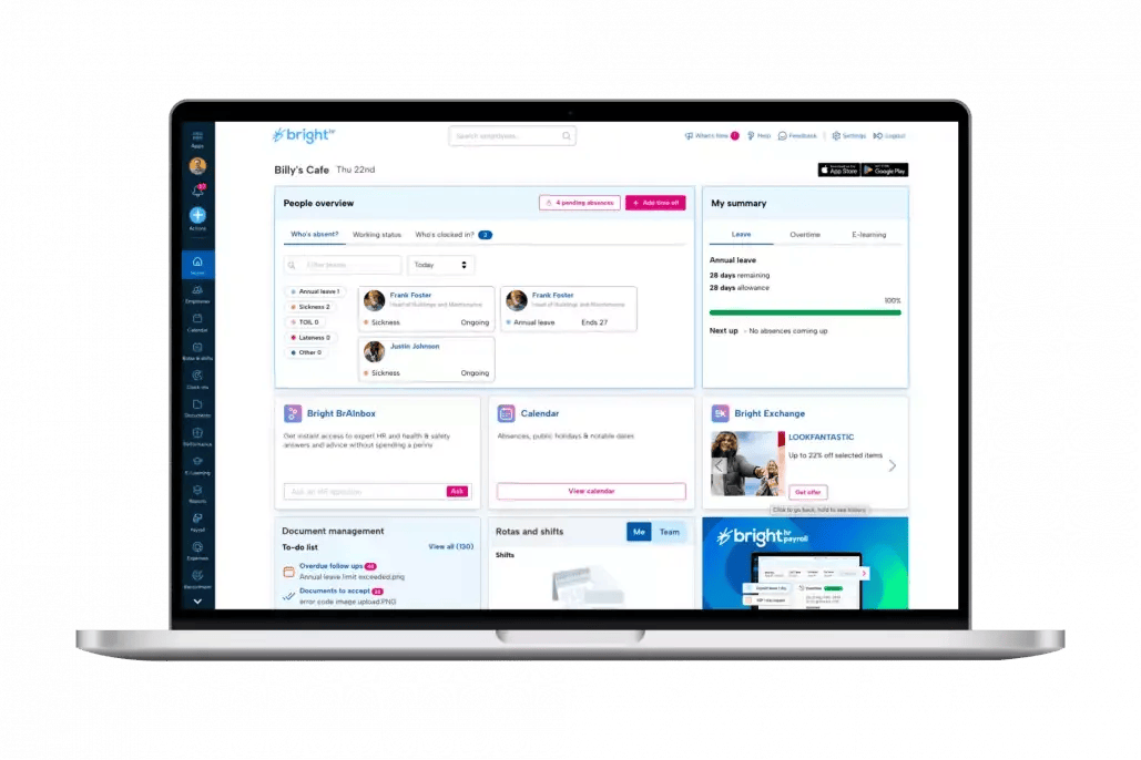 BrightHR HRMS features An image of a laptop displaying the dashboard of BrightHR HR software