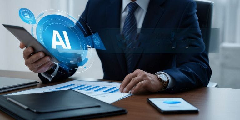 A man in a blue suit is sitting at a desk, holding a tablet and a smartphone. The tablet has a blue logo with the word "A" on it. The man is also wearing a watch on his left wrist.