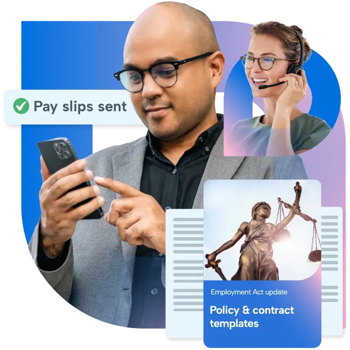 A man wearing glasses and a gray suit is holding a phone and looking at it, while a woman in a black dress and glasses is holding a phone and looking at it as well.