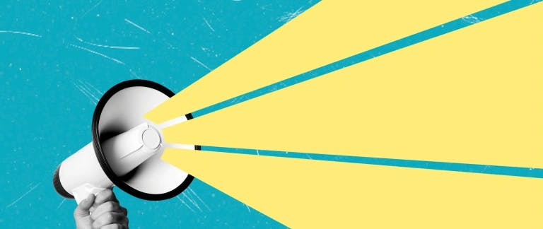 A black and white photo of a hand holding a megaphone on a stylised blue background with yellow sound lines coming out of it