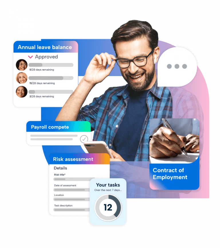 A man with glasses is smiling while holding a phone to his ear. He is wearing a blue plaid shirt and has a ring on his finger. The man is interacting with a social media platform that displays various messages and notifications. The platform has a blue background with white text and a pink background with white text. There are three buttons on the platform: a "Like" button, a "Share" button, and a "Like" button. The man is interacting with the "Like" button