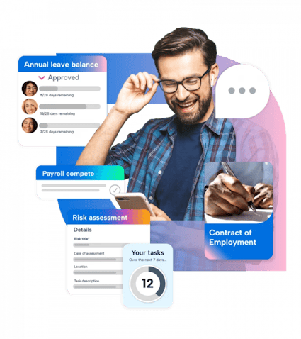 A man with glasses is smiling while holding a phone to his ear. He is wearing a blue plaid shirt and has a ring on his finger. The man is interacting with a social media platform that displays various messages and notifications. The platform has a blue background with white text and a pink background with white text. There are three buttons on the platform: a "Like" button, a "Share" button, and a "Like" button. The man is interacting with the "Like" button