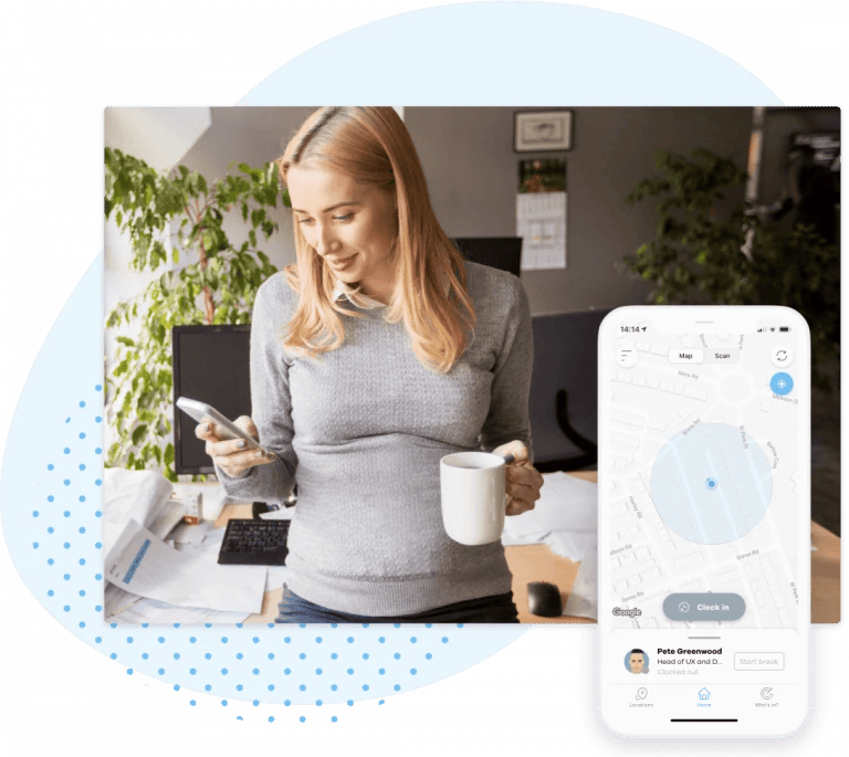Blip Manager A woman with blonde hair looking at clocking in apps on her phone