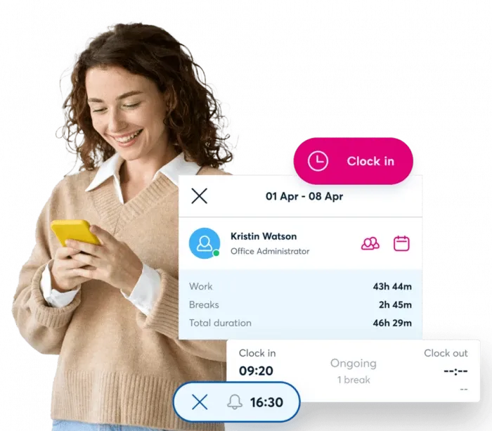 A woman with curly hair is smiling while holding a yellow phone. She is wearing a beige sweater and has a white shirt underneath. The phone screen displays the price of the phone, which is $1.99. The woman is also showing a price of $0.99 for a free app.