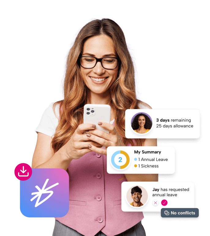 Woman holding an iPhone using the BrightHR app