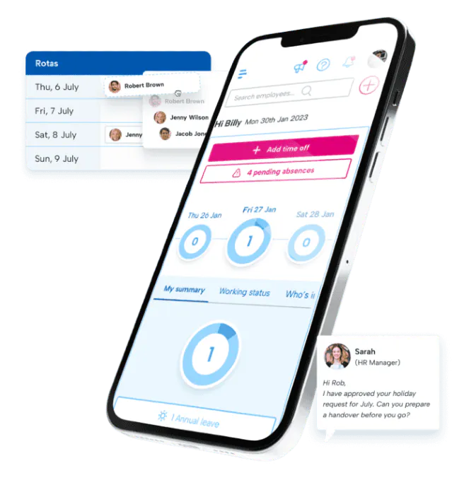 BrightHR's HR Software on a phone screen, highlighting the HR software features.