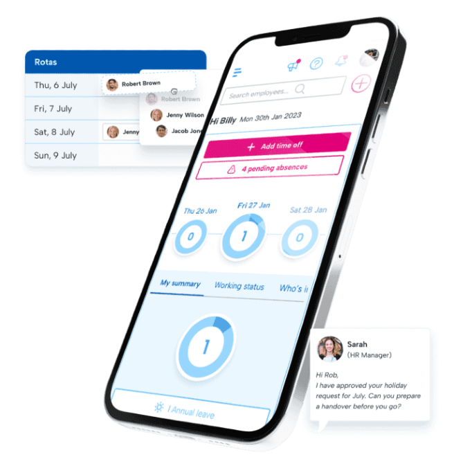 BrightHR's HR Software on a phone screen, highlighting the HR software features.