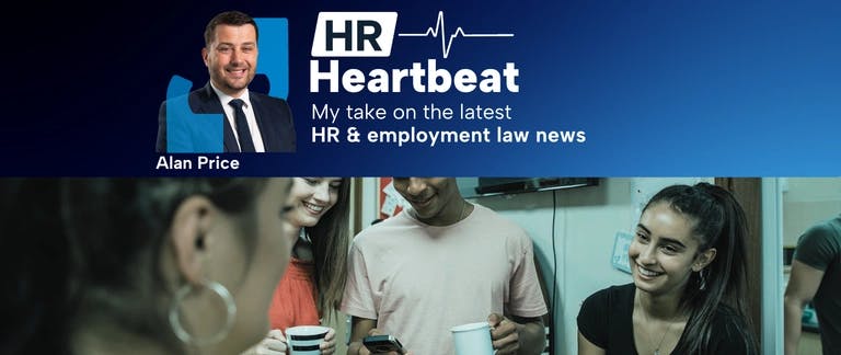 HR Heartbeat blog head with a photo of CEO Alan Price overlaying a photo of five people talking