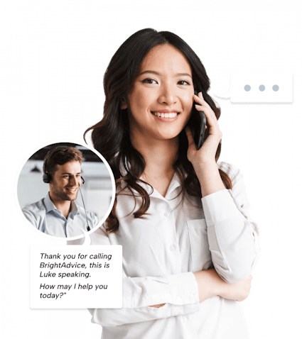 A woman with long dark hair is smiling while talking on a phone. She is wearing a white blouse and has a white headband. The background is black and there is a white circle with a gray border. Inside the white circle, there is a gray text box with a white border. The text box contains a question: "What is your preferred phone model?"