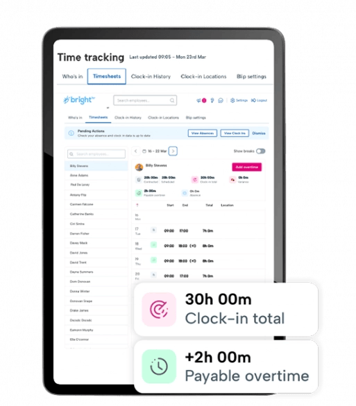 BrightHR Timesheets overview in a web browser