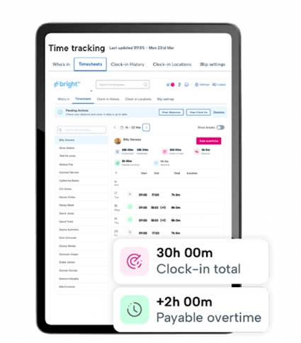 BrightHR Timesheets overview in a web browser