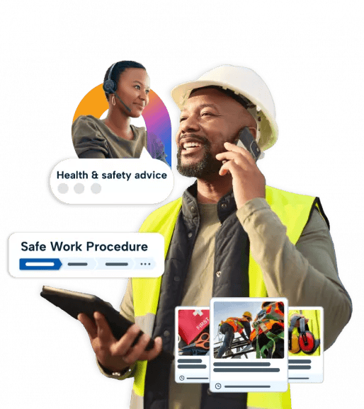 A construction worker in a hard hat and yellow vest is engaged in a phone conversation with a health & safety advisor