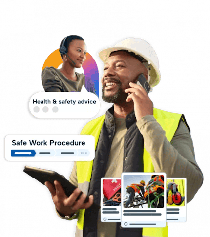 A construction worker in a hard hat and yellow vest is engaged in a phone conversation with a health & safety advisor
