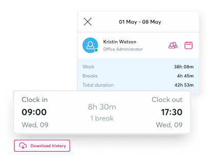 An employee's clock in and out time recorded for attendance tracking