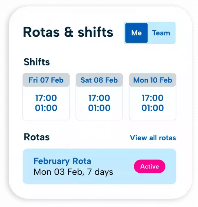 Employee scheduling software from BrightHR An image displaying the shift and rota function of hr software, displaying different shift patterns and rotas