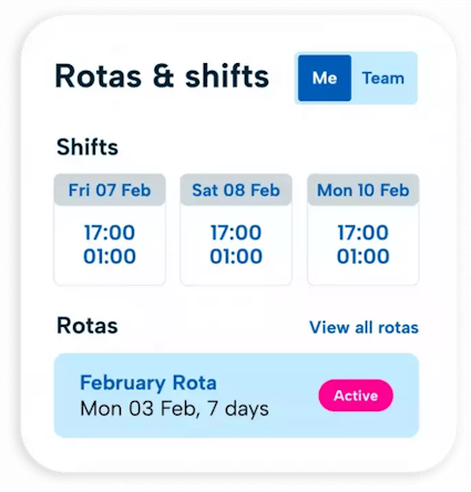 Employee scheduling software from BrightHR An image displaying the shift and rota function of hr software, displaying different shift patterns and rotas