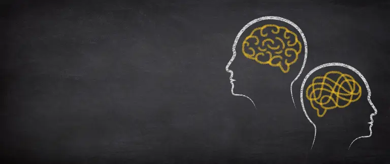 Two human heads are depicted in the image, each with a brain drawn on it. The brains are painted in a yellow color, and they are positioned side by side, facing the same direction. The image is set against a black background, which serves as a stark contrast to the white chalk drawing of the brains. The image does not contain any text or additional elements. The overall composition is simple and focused on the drawing of the brains.