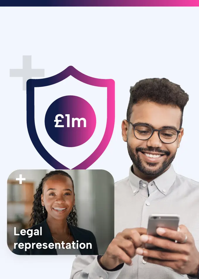 The image features a man looking at a mobile device and a box highlighting the option for HR insurance as protection for BrightHR customers in the UK